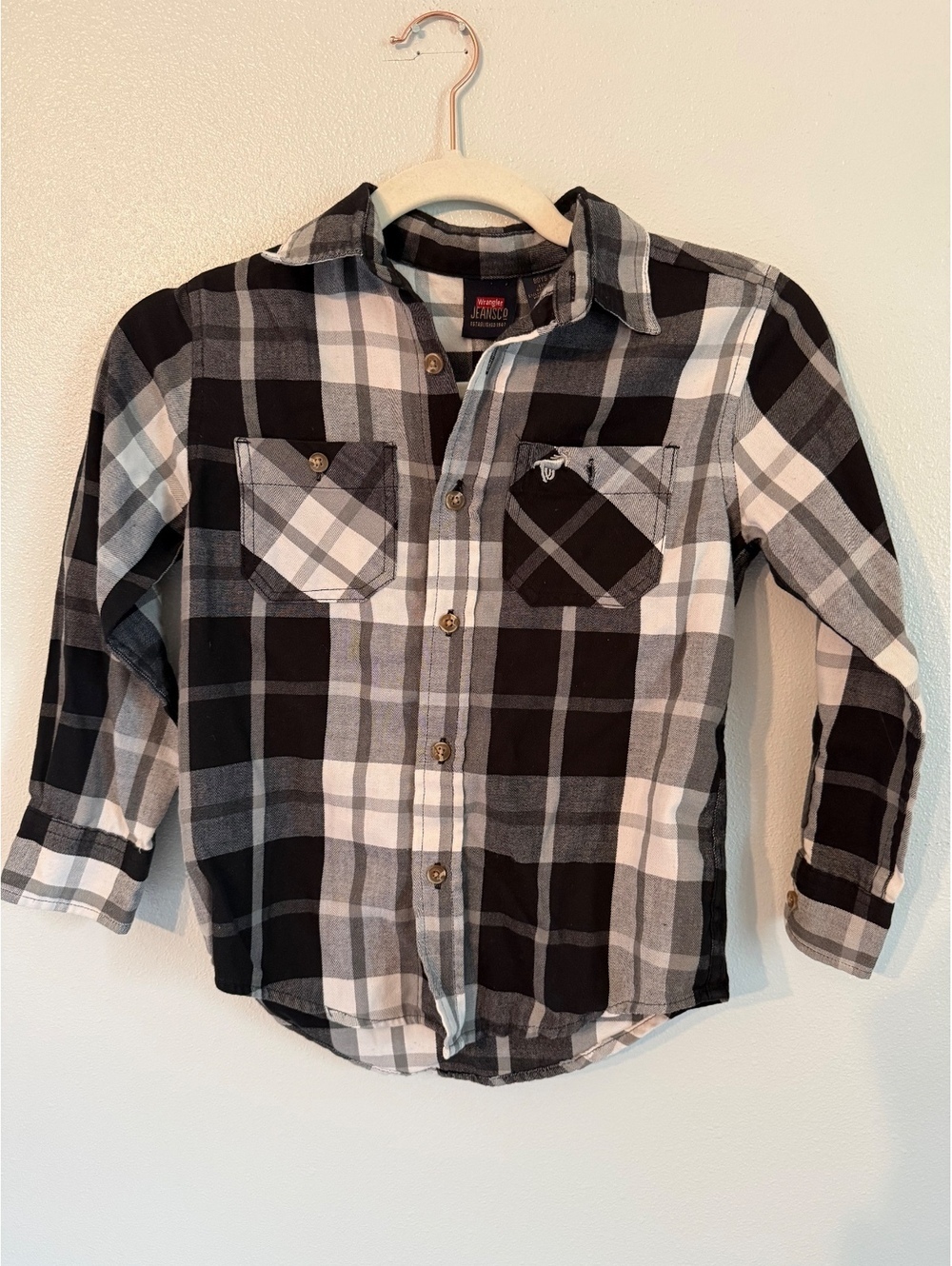 Wrangler Boys Black and White Plaid Button-Up Shirt Size YS 6/7